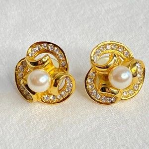 Post Earrings Rhinestone Studded Gold Tone Swirls With Central Faux Pearl